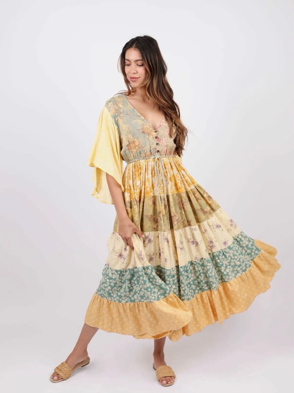 Sacred Threads Flutter Sleeve Boho Yellow, Blue & Green Floral Tiered Maxi Dress - Picture 2 of 4